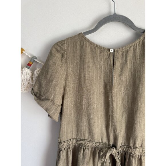 100% Linen Pinstripe Green Puff Sleeve Gathered Midi Shirtdress Coastal Beachy S - Picture 9 of 9